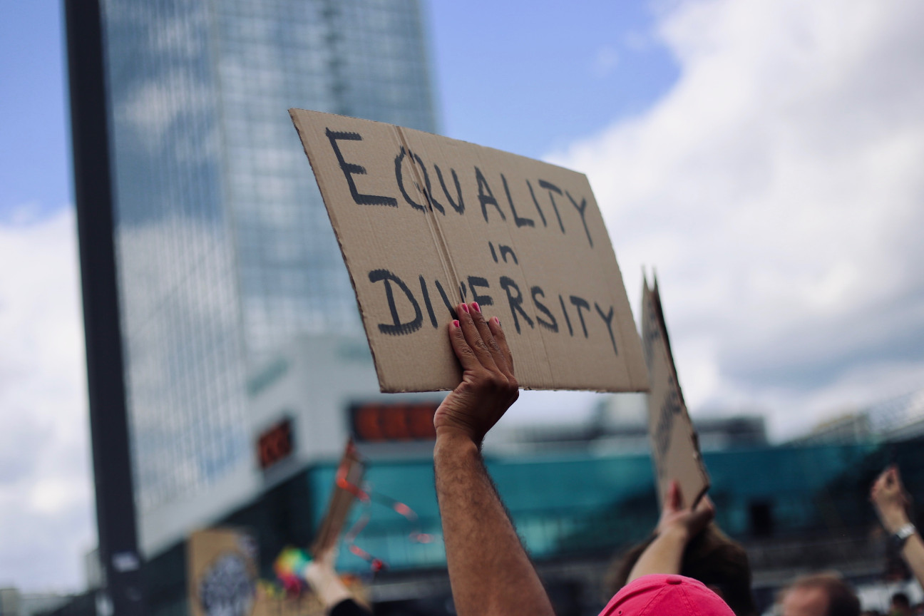 Cardboard sign with the handwritten words Equality in Diversity