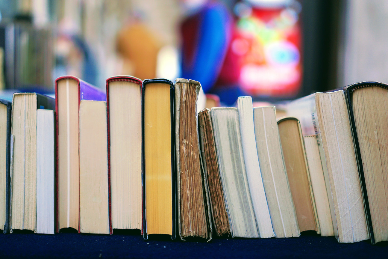 Row of different sizes of books hardcover and softcover all different colours all stacked on a shelf upside down with the spine facing up